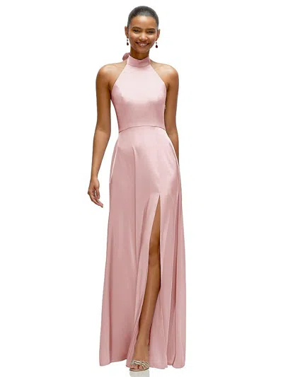 After Six Band Collar Halter Open Back Fluid Satin Maxi Dress With Self-tie Bow