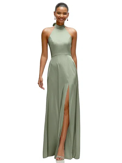 After Six Band Collar Halter Open Back Fluid Satin Maxi Dress With Self-tie Bow