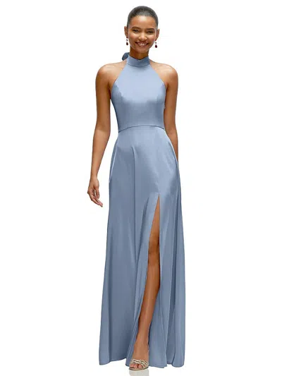 After Six Band Collar Halter Open Back Fluid Satin Maxi Dress With Self-tie Bow