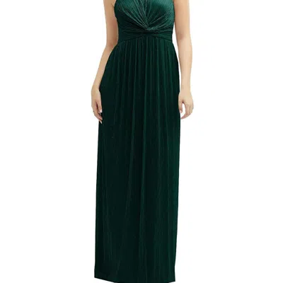 After Six Metallic Pleated Halter Column Gown In Green