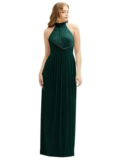 After Six Metallic Pleated Halter Column Gown In Metallic Evergreen