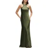 After Six Bias Cut Stretch Satin Charmeuse Gown In Olive Green