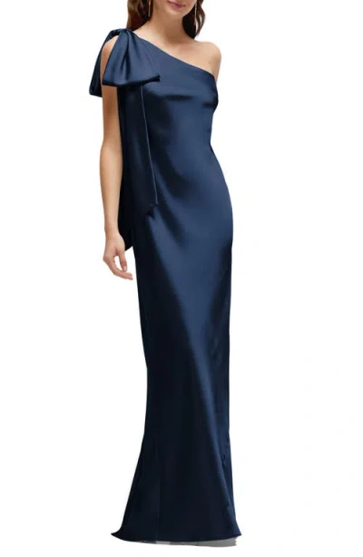 After Six Bow Detail One-shoulder Stretch Satin Charmeuse Gown In Midnight