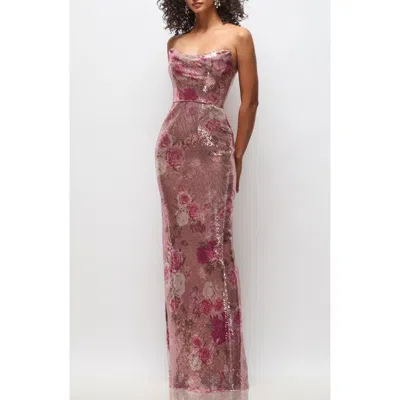 After Six Cassandra Floral Sequin Strapless Column Gown In Pink