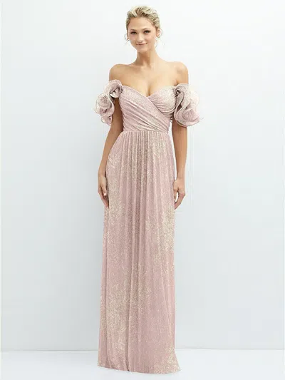 AFTER SIX DRAMATIC RUFFLE EDGE CONVERTIBLE STRAP METALLIC PLEATED MAXI DRESS WITH FLORAL GOLD FOIL PRINT