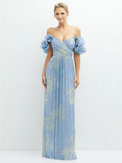 AFTER SIX DRAMATIC RUFFLE EDGE CONVERTIBLE STRAP METALLIC PLEATED MAXI DRESS WITH FLORAL GOLD FOIL PRINT