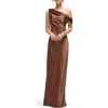 After Six Draped One-shoulder Bias Stretch Satin Maxi Dress In Brown