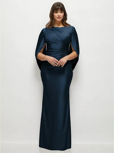 After Six Cape Sleeve Satin Gown In Midnight