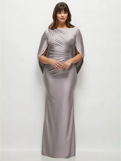 After Six Cape Sleeve Satin Gown In Cashmere Gray