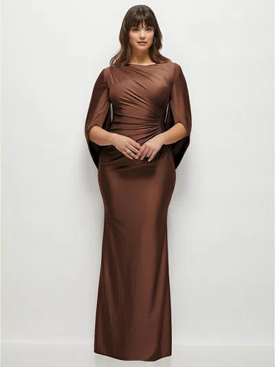 After Six Cape Sleeve Satin Gown In Cognac