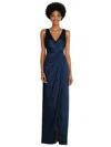After Six Sleeveless Satin Faux Wrap Gown In Blue