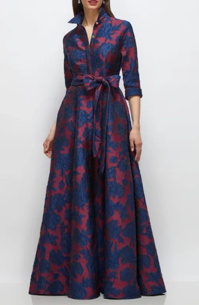 After Six Floral Jacquard Shirtdress Gown In Blue