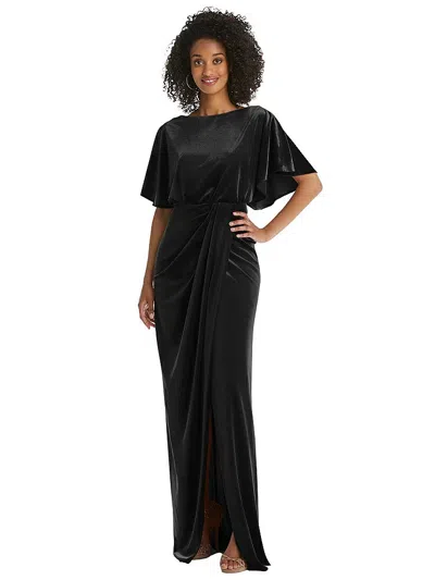 After Six Flutter Sleeve Open-back Velvet Maxi Dress With Draped Wrap Skirt In Black