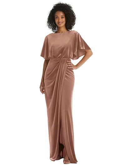 After Six Flutter Sleeve Open-back Velvet Maxi Dress With Draped Wrap Skirt In Brown