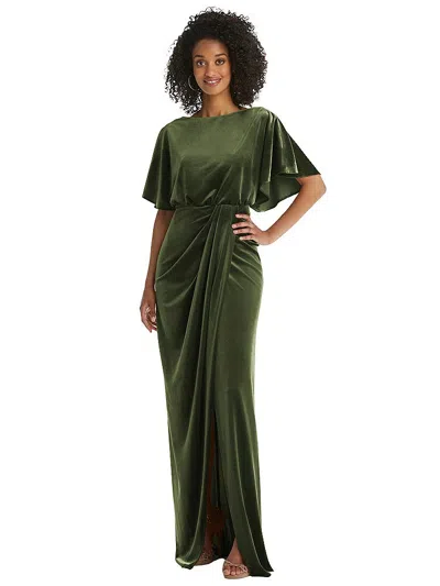 After Six Flutter Sleeve Open-back Velvet Maxi Dress With Draped Wrap Skirt In Green