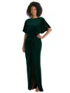 AFTER SIX FLUTTER SLEEVE OPEN-BACK VELVET MAXI DRESS WITH DRAPED WRAP SKIRT