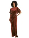 AFTER SIX FLUTTER SLEEVE OPEN-BACK VELVET MAXI DRESS WITH DRAPED WRAP SKIRT