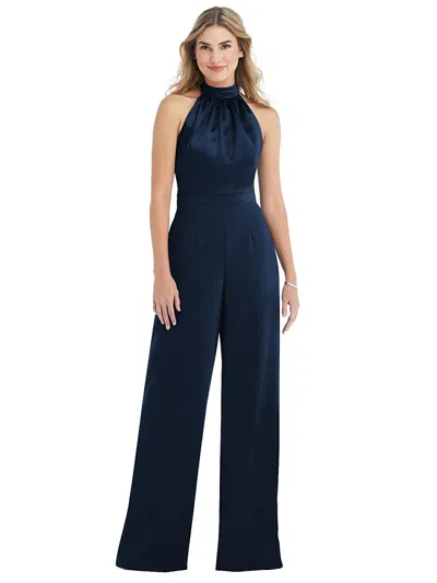 After Six High-neck Open-back Jumpsuit With Scarf Tie In Blue