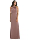 After Six High-neck Open-back Maxi Dress With Scarf Tie In Gold