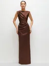 After Six Pleated Cap Sleeve Charmeuse Gown In Cognac