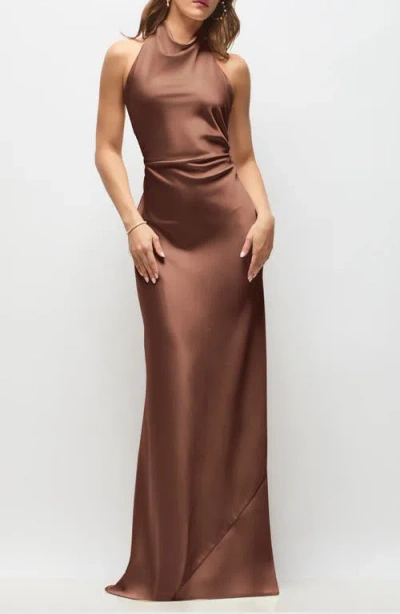 After Six Leona Bias Cut Charmeuse Halter Gown In Brown