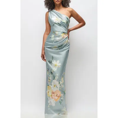 After Six Malin Floral One-shoulder Satin Charmeuse Gown In Blue