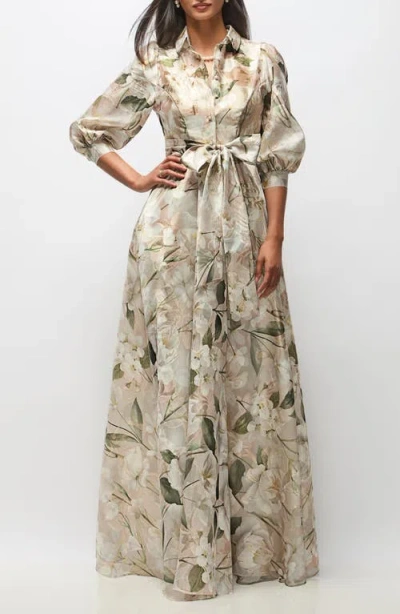 After Six Marie Metallic Floral Tie Waist Organza Gown In Neutral
