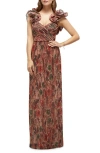 After Six Women's Dramatic Ruffle Edge Strap Fall Foral Pleated Metallic Maxi Dress In Harvest Floral Print