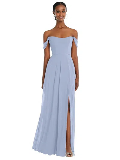 After Six Off-the-shoulder Basque Neck Maxi Dress With Flounce Sleeves In Blue