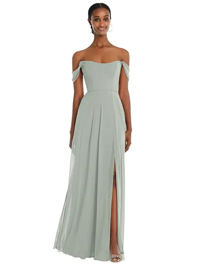 After Six Off-the-shoulder Basque Neck Maxi Dress With Flounce Sleeves In Green