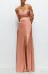 After Six Off The Shoulder Satin Charmeuse Gown With Removable Sleeves In Copper Penny