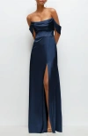 After Six Off The Shoulder Satin Charmeuse Gown With Removable Sleeves In Midnight