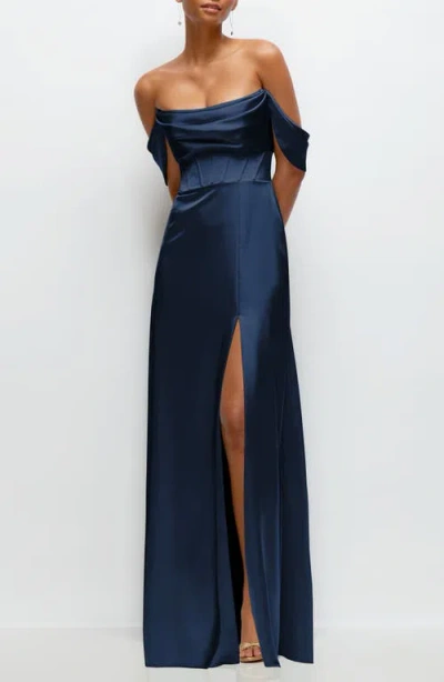 After Six Off The Shoulder Satin Charmeuse Gown With Removable Sleeves In Midnight