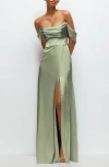 Shop After Six Off The Shoulder Satin Charmeuse Gown With Removable Sleeves In Sage