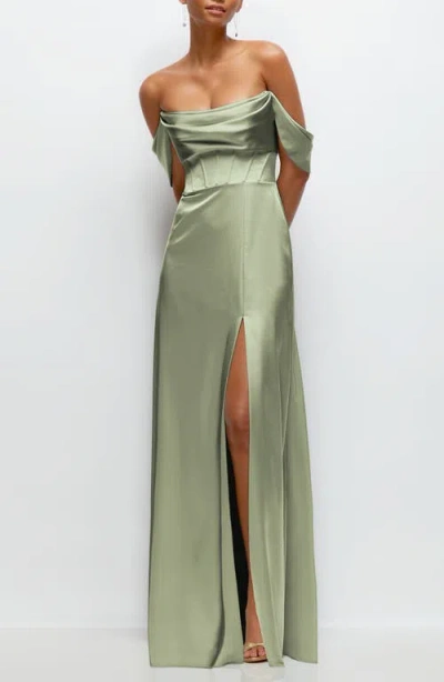 After Six Off The Shoulder Satin Charmeuse Gown With Removable Sleeves In Sage