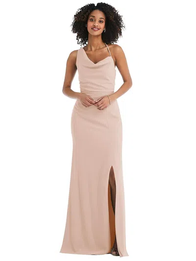 After Six One-shoulder Draped Cowl-neck Maxi Dress In Beige