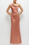 After Six One-shoulder Satin Charmeuse Gown In Copper Penny