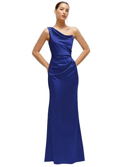 After Six One-shoulder Cat-eye Neckline Fit And Flare Satin Maxi Dress