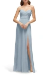 After Six Pleat Detail Strapless Chiffon A-line Gown In Mist