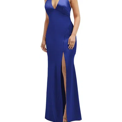 AFTER SIX PLUNGE HALTER OPEN-BACK MAXI BIAS DRESS WITH LOW TIE BACK