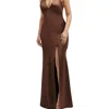 After Six Plunge Halter Open-back Maxi Bias Dress With Low Tie Back In Brown
