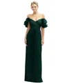 After Six Ruffle Off The Shoulder Metallic Column Gown In Metallic Evergreen