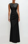 After Six Ruched Cap Sleeve Crepe Trumpet Gown In Black