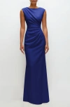 After Six Ruched Cap Sleeve Crepe Trumpet Gown In Blue
