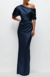 After Six Ruched One-shoulder Satin Gown In Midnight
