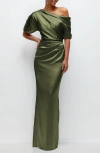After Six Ruched One-shoulder Satin Gown In Olive Green