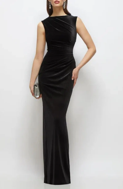 After Six Ruched Velvet Column Gown In Black