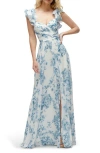 After Six Ruffle Strap Gown In Cottage Rose-dusk Blue Print