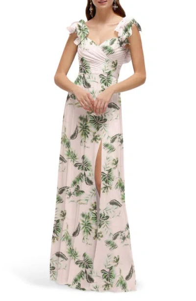 After Six Ruffle Strap Gown In Palm Beach Print
