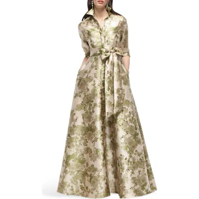 After Six Sabine Metallic Floral Shirtdress Gown In Green
